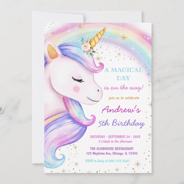 Unicorn Rainbow Magical Birthday Party Girl Invitation (Front)