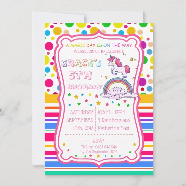 Unicorn Rainbow Magical Birthday Personalise RSVP Invitation (Front)