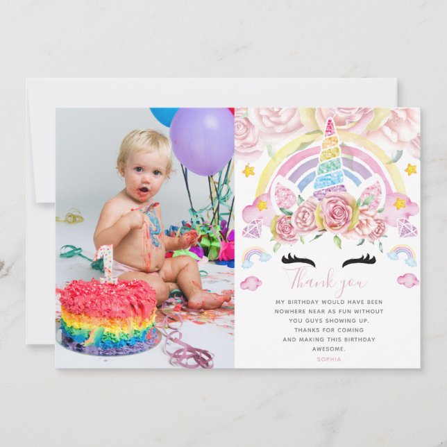 Unicorn Rainbow Magical Glitter Birthday Photo Thank You Card (Front)