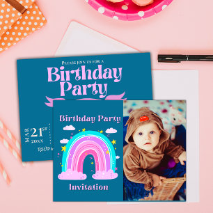 Unicorn Rainbow Photo Birthday Party Invitation Postcard