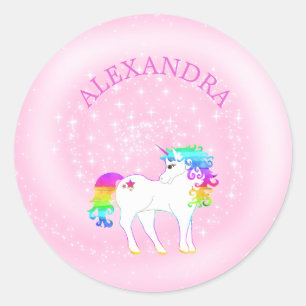 Unicorn Rainbow Pink Cute Girls Named Classic Round Sticker