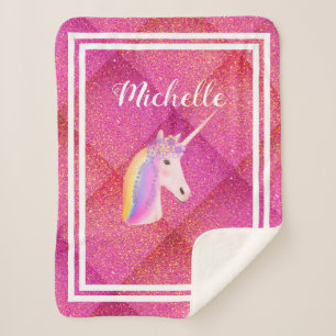 Unicorn Rainbow Pink Glitter Personalised Kid's Sherpa Blanket