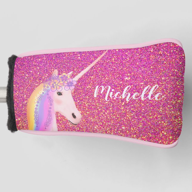 Unicorn Rainbow Pink Glitter Sparkle Personalised Golf Head Cover (Front)