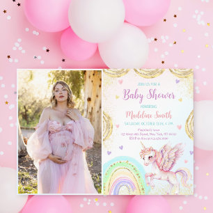 Unicorn Rainbow Pink Gold Baby Shower Photo Invitation