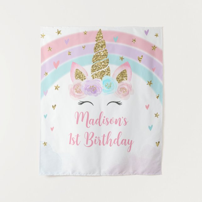 Unicorn Rainbow Pink Gold Birthday Backdrop Tapestry (Front)