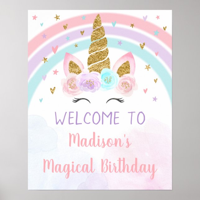 Unicorn Rainbow Pink Gold Birthday Poster (Front)