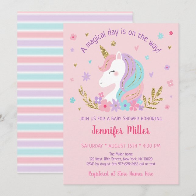 Unicorn Rainbow Pink Gold Floral Baby Shower Invitation (Front/Back)