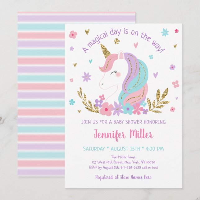 Unicorn Rainbow Pink Gold Floral Baby Shower Invitation (Front/Back)
