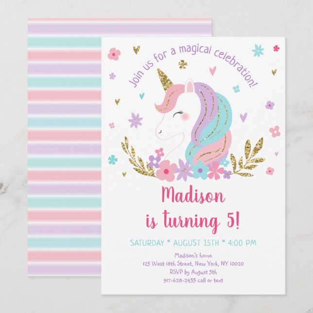 Unicorn Rainbow Pink Gold Floral Wreath Birthday I Invitation (Front/Back)