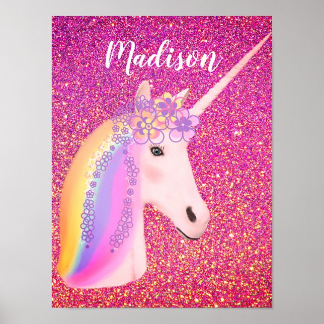 Unicorn Rainbow Pink Gold Glitter Sparkle Girls Poster (Front)