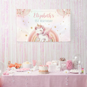 Unicorn Rainbow Pink Gold Pastel Birthday Banner