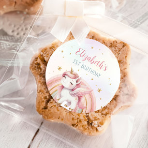 Unicorn Rainbow Pink Gold Pastel Birthday Classic Round Sticker