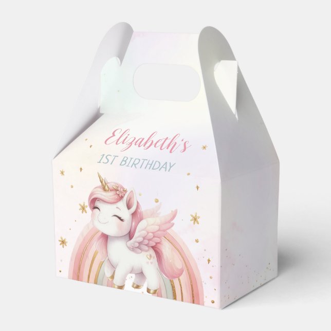Unicorn Rainbow Pink Gold Pastel Birthday Favour Box (Front Side)