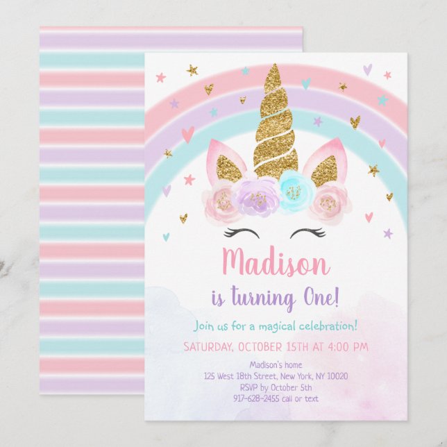 Unicorn Rainbow Pink Gold Pastel Birthday Invitation (Front/Back)