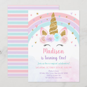 Unicorn Rainbow Pink Gold Pastel Birthday Invitation