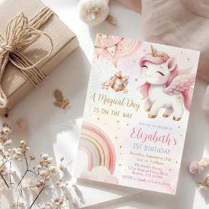 Unicorn Rainbow Pink Gold Pastel Birthday Invitation