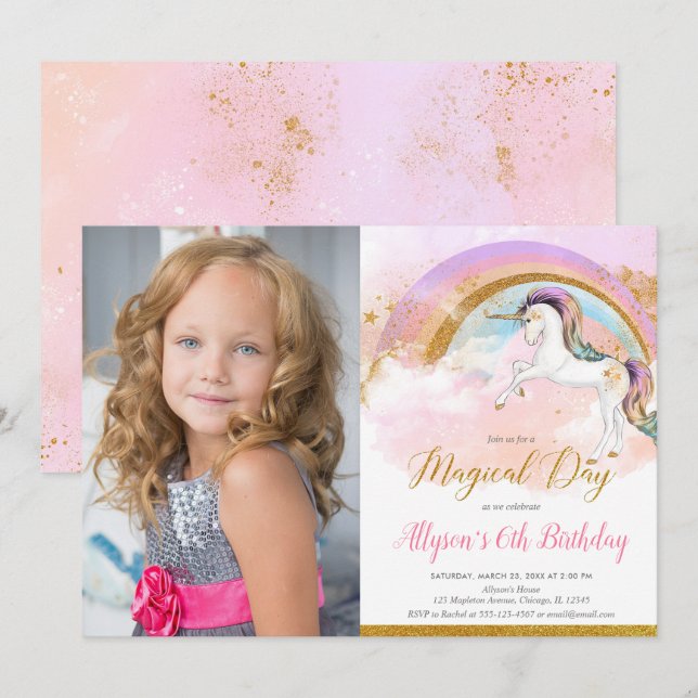 Unicorn rainbow pink gold pastel birthday photo invitation (Front/Back)