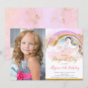 Unicorn rainbow pink gold pastel birthday photo invitation