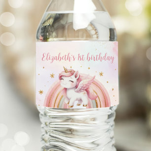 Unicorn Rainbow Pink Gold Pastel Birthday Water Bottle Label