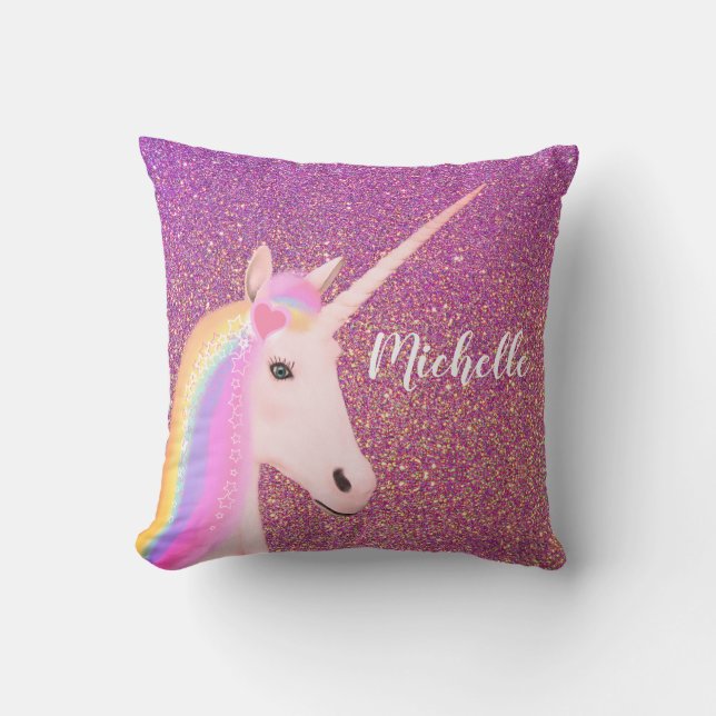 Unicorn Rainbow Pink Ombre Glitter Personalised Cushion (Front)