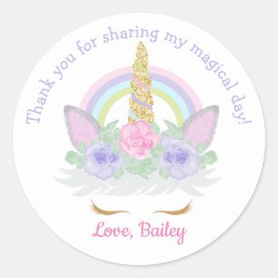 Unicorn & Rainbow Pink Purple Watercolor Birthday Classic Round Sticker