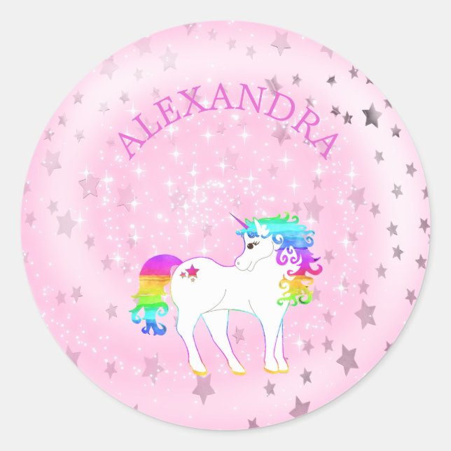 Unicorn Rainbow Pink  Silver Stars Cute Girls Name Classic Round Sticker (Front)