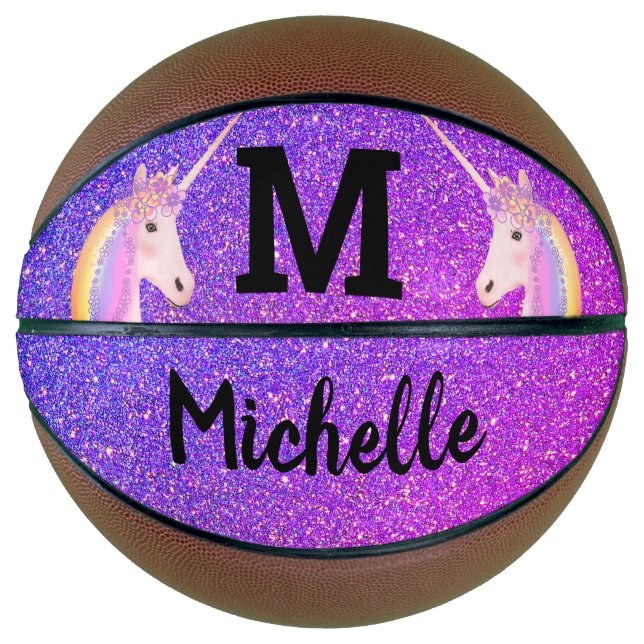 Unicorn Rainbow Purple Glitter Kids Personalised Basketball (Front)