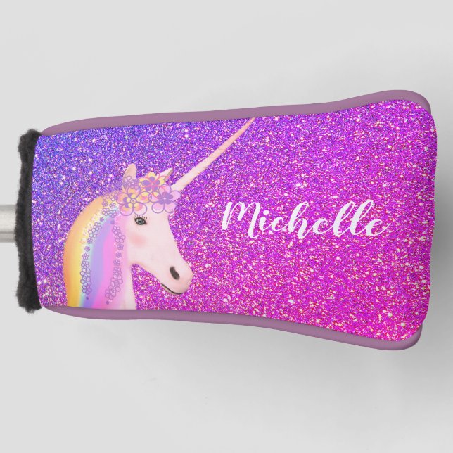Unicorn Rainbow Purple Glitter Personalised Kids Golf Head Cover (Front)