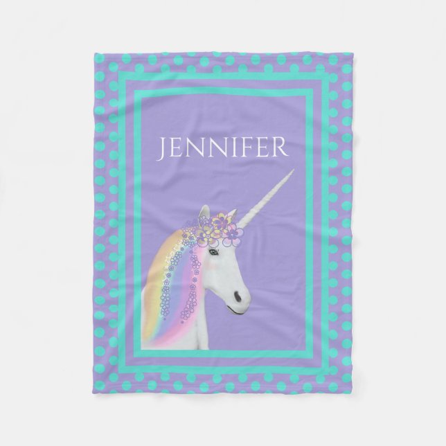 Unicorn Rainbow Purple Teal Personalised Fleece Blanket (Front)