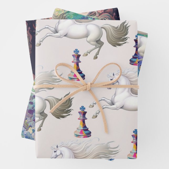Unicorn Rainbow Queen Chess Floral Wrapping Paper Sheet (In situ)