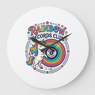 Unicorn Rainbow Records Club White Background Cute Large Clock