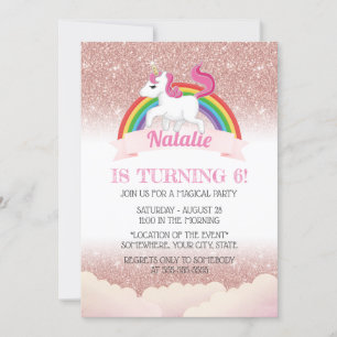 Unicorn & Rainbow Rose Gold Magical Birthday Party Invitation