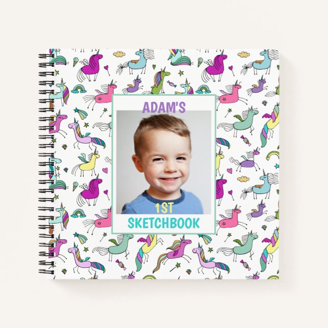 Unicorn Rainbow Sketchbook Personalised Photo Name Notebook (Front)