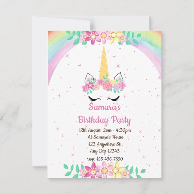 Unicorn Rainbow, Sparkles Birthday Invitation (Front)