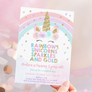 Unicorn Rainbow Sparkles Gold Birthday Invitation