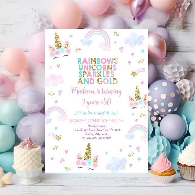 Unicorn Rainbow Sparkles Gold Birthday Invitation (Creator Uploaded)