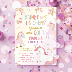 Unicorn Rainbow Sparkles Gold Birthday Invitation