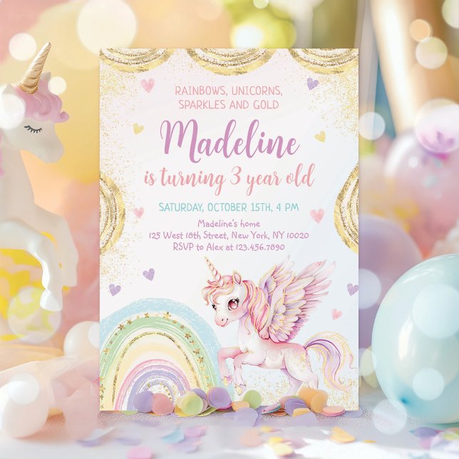 Unicorn Rainbow Sparkles Gold Birthday Invitation (Creator Uploaded)
