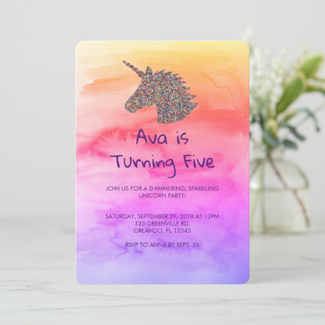 Unicorn Rainbow Sprinkles Birthday Invitation (Standing Front)
