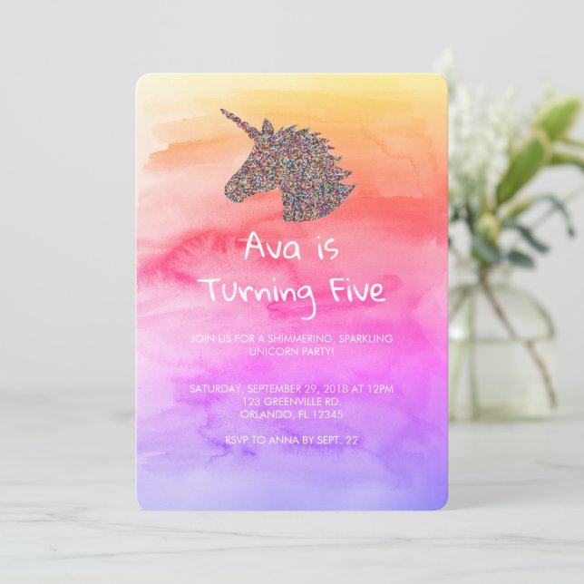 Unicorn Rainbow Sprinkles Birthday Invitation (Standing Front)