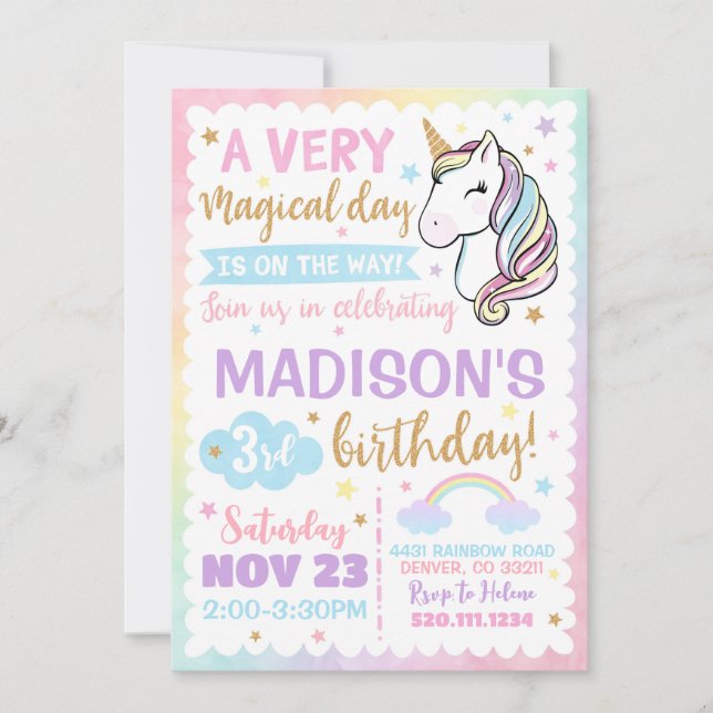Unicorn Rainbow Stars Cute Birthday Invitation (Front)