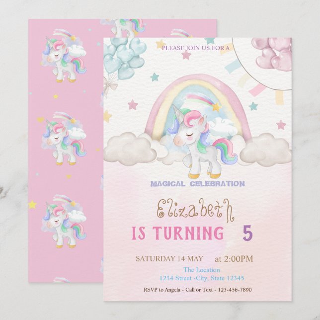 Unicorn Rainbow Stars Hearts Balloons Birthday Invitation (Front/Back)