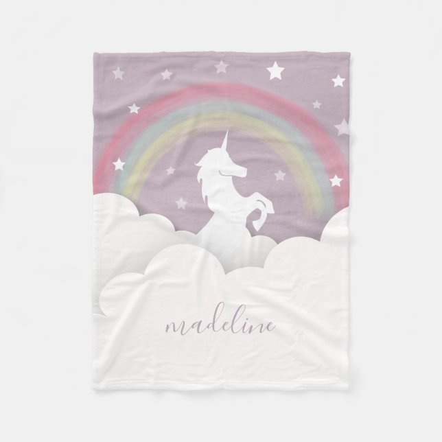 Unicorn Rainbow Stars Purple Sky Personalised Fleece Blanket (Front)