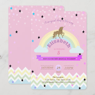 Unicorn,Rainbow Stars,Zigzag Birthday Invitation