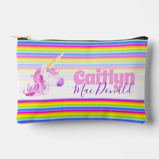 Unicorn rainbow stripes custom pencil case or accessory pouch (Front)