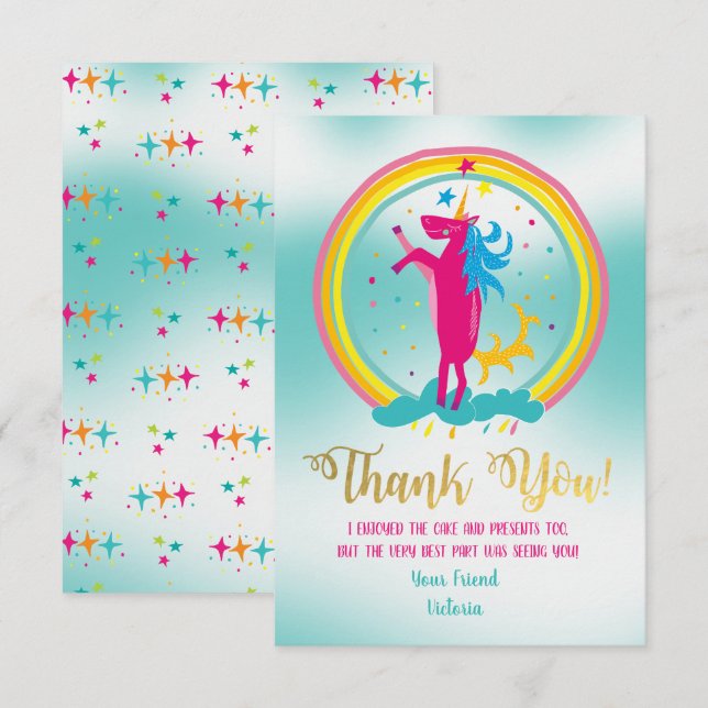 Unicorn rainbow Thank you note cards (Front/Back)