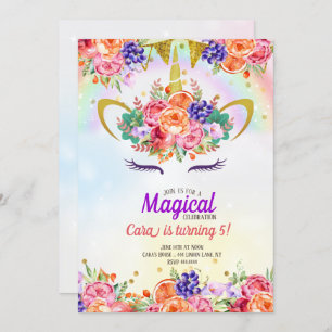 Unicorn Rainbow Tropical Birthday Invitation