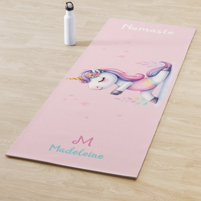 Unicorn Rainbow Yoga Pose Cute Funny Name Monogram Yoga Mat (In Situ)