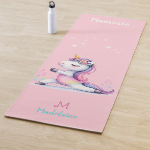 Unicorn Rainbow Yoga Pose Cute Pink Name Monogram Yoga Mat