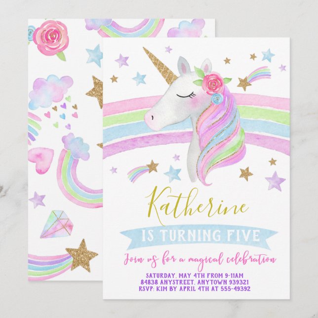 Unicorn rainbows birthday invitation watercolor (Front/Back)